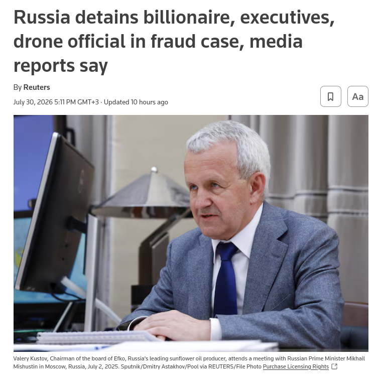 Russian billionaire Valery Kustov, executives of his Efko company and a government official responsible for drone development ​have all been detained in a major fraud ‌investigation, multiple news outlets reported on Thursday. #Russia