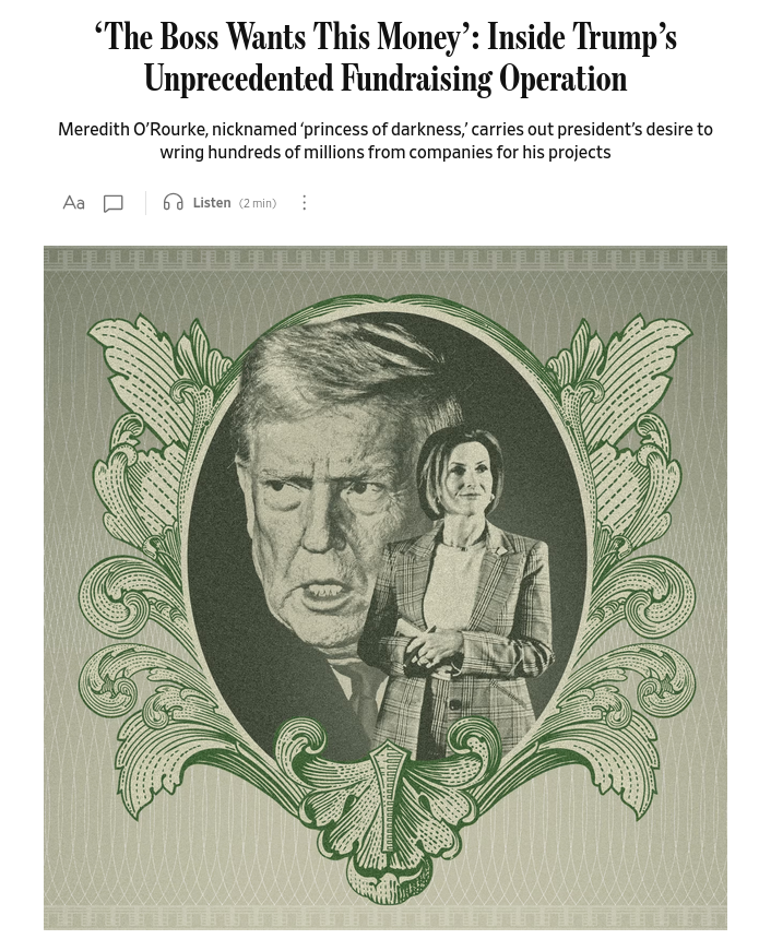 President Trump is personally managing large-scale fundraising for his presidential library and ballroom projects. Major tech companies have contributed millions, coinciding with his increasing involvement in regulatory decisions. #Russia #US #Trump