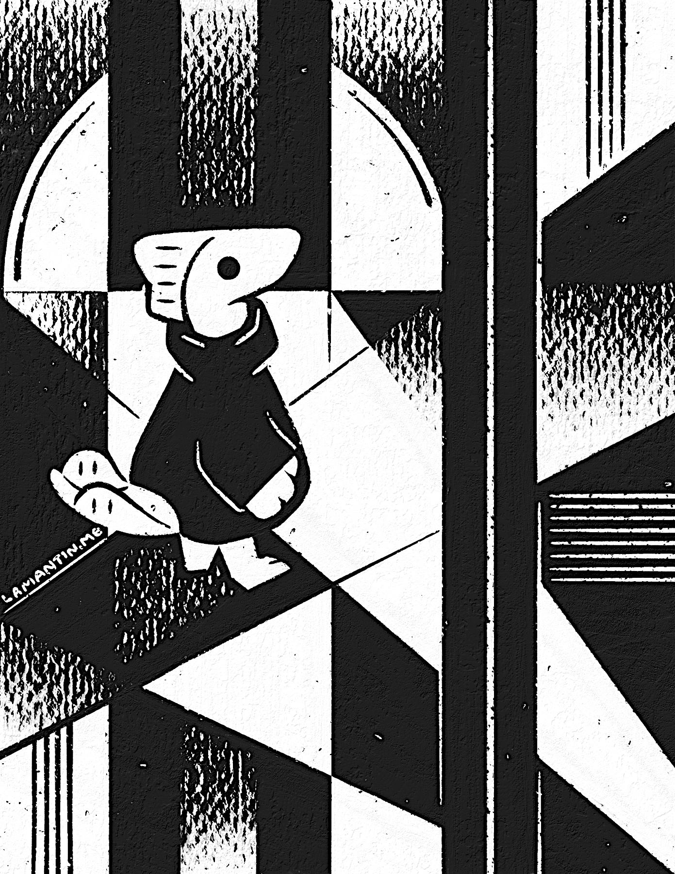 The piece presents a white cat fish humanoid character dressed in a black tunic standing on a path. Behind the cat fish, the moon is present together with a lot of rectangular shapes that fill the entire scene;

The artwork is done in a very abstract style, with the perspective changing for a lot of the shapes. The whole piece is colored in black and white, and presents a lot of gradients and lines, interlocking with each other.

The artwork is centered around the cat fish character.