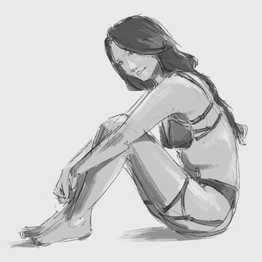 Sketch of a female figure in a seated pose.