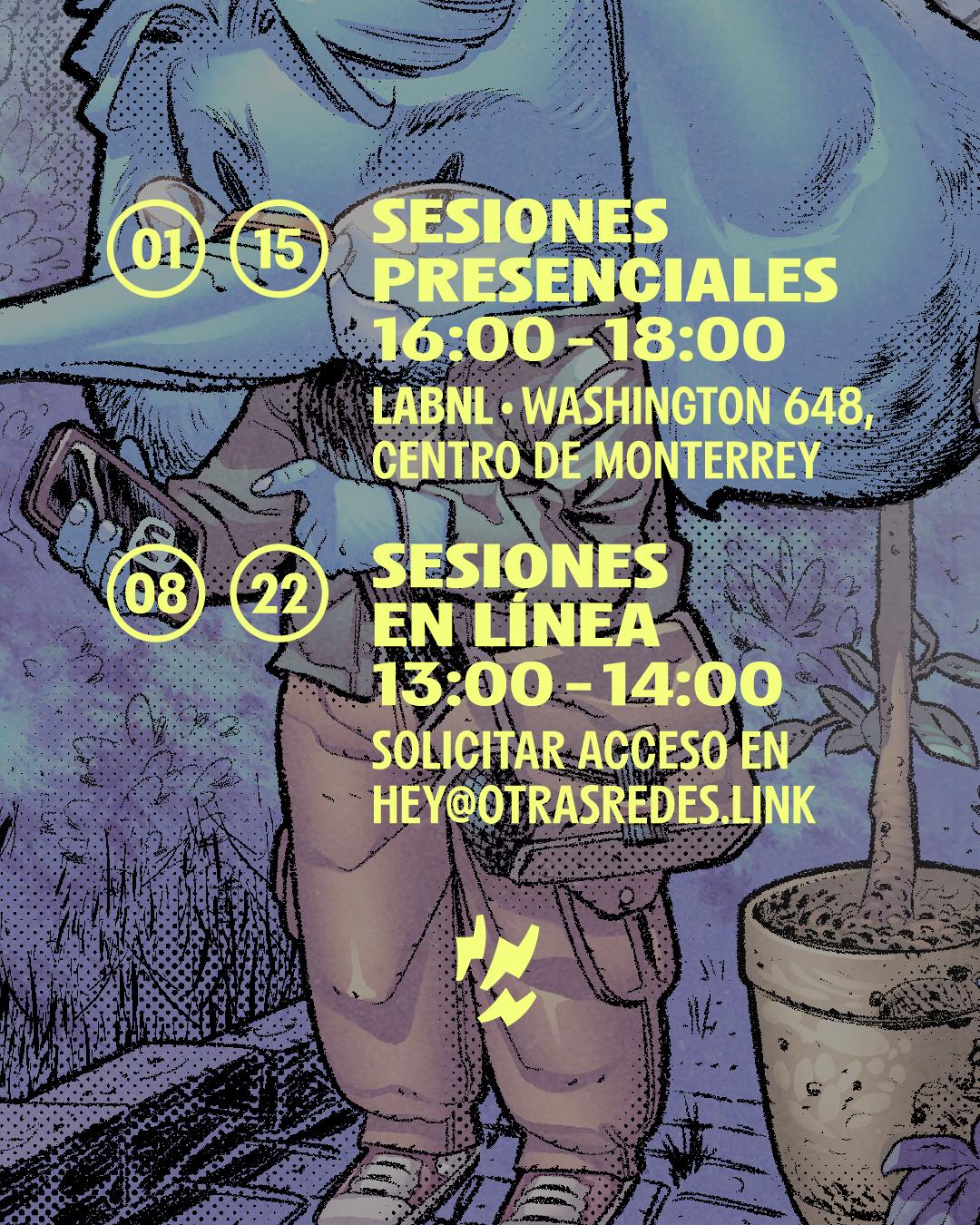 Ilustración a color de un mastodonte con anteojos mirando su smartphone, en la pantalla aparece el logo de Mastodon y a la izquierda del aparato se asoma un corazón. Por encima un texto que pone: "1 y 15, sesiones presenciales de 16 a 18, LabNL (Washington 648, centro de Monterrey. 8 y 22, sesiones en línea de 13 a 14, solicitar acceso en hey@otrasredes.link)".