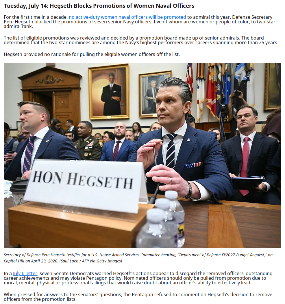 🇺🇲 Christofascism: War on Women - Hegseth Blocks Promotions of Women Naval Officers
2026-Jul-14: https://msmagazine.com/2026/07/31/war-on-women-report-hegseth-promotion-women-navy-officers-president-trump-pays-e-jean-carroll

For the first time in 10y no active-duty women naval officers will be promoted to admiral.

Hegseth blocked the promotions of seven senior Navy officers, five of whom are women or people of color, to two-star admiral rank.

Hegseth provided no rationale for pulling the eligible women officers off the list.

🇺🇲 🇬🇧 #Christofascism #BiblicalPartriarchy
🇨🇦 #DanielleSmith #Trumpism