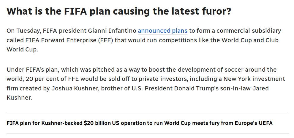 Capitalist greed, sportswashing ... What you need to know about FIFA's private investment plan — and the backlash
https://www.cbc.ca/sports/soccer/fifa-soccer-world-cup-uefa-boycott-ffe-private-investment-9.7291605

FIFA: moneymaking sportswashing enterprise

FIFA Forward Enterprise
https://en.wikipedia.org/wiki/FIFA_Forward_Enterprise

Toronto saw little economic gain during World Cup's first 2 weeks in city
https://www.cbc.ca/news/canada/toronto/economic-impact-toronto-fifa-9.7258589

Capitalism: Malignant Tumor
https://blog.Persagen.org/capitalism_cancer.pdf

Wealth <--> protects <--> power

#capitalism #IndustrialComplexes
vs.
#DemocraticSocialism #equality #sustainability