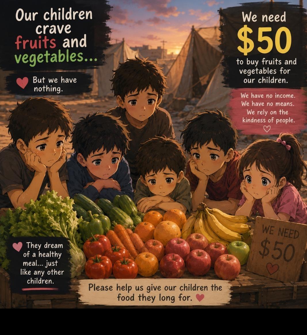 $50 is all it would take to bring a smile to my children's faces.
My six children dream of eating fresh fruits and vegetables, but I can't afford to buy any. Every day they ask for healthy food, and every day I have no answer. We have nothing left except your kindness and compassion.