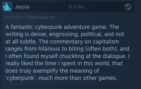 "A fantastic cyberpunk adventure game... dense, engrossing, political, [Neofeud] truly exemplifies the meaning of 'cyberpunk', much more than other games."