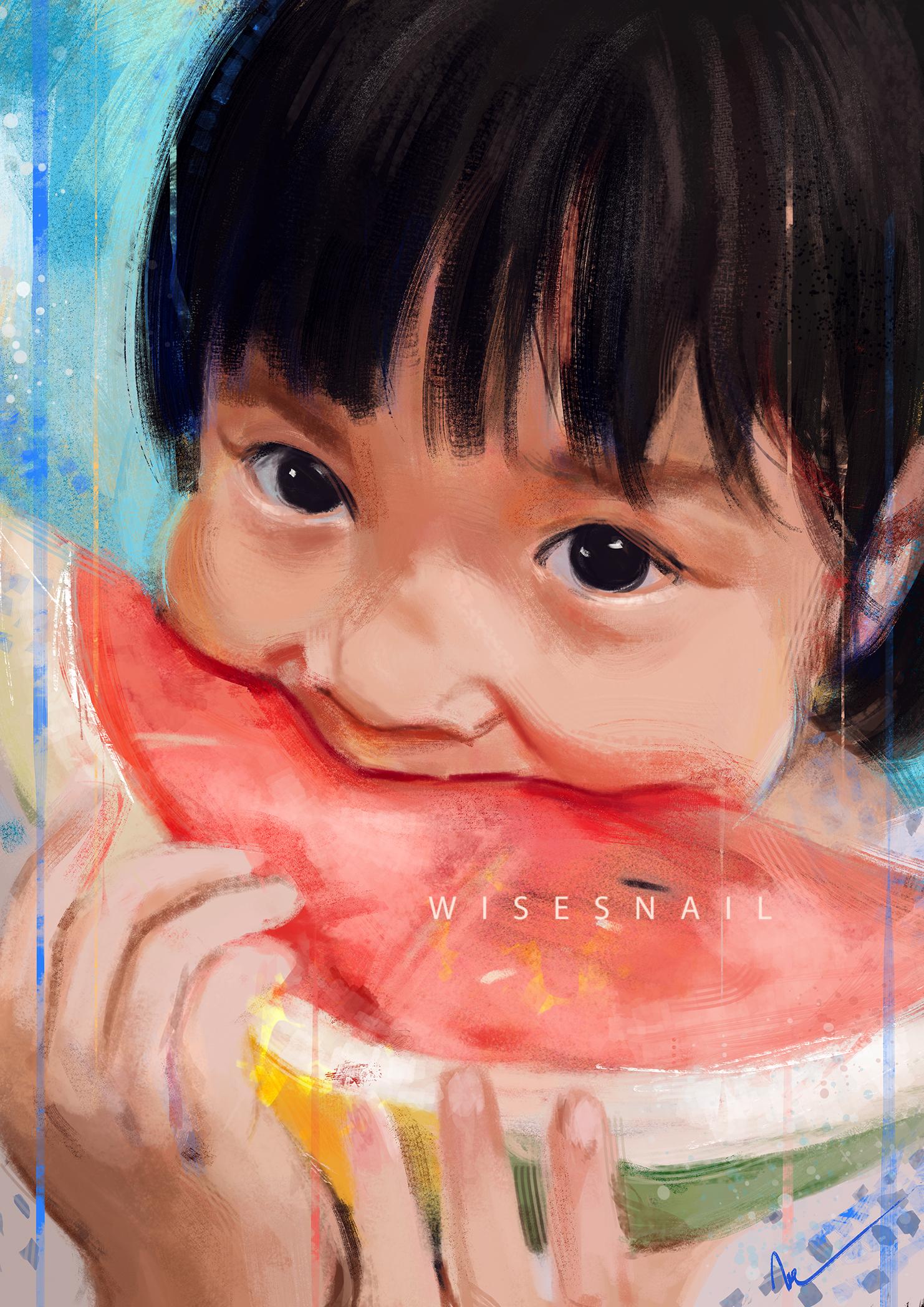 Painterly digital illustration of a young child with straight dark hair and full bangs looking forward with large, dark eyes. The child holds a large, bright red slice of watermelon up to their face, taking a bite while smiling softly behind the fruit. The background features dynamic blue brushstrokes and vertical texture lines, with a watermark reading "WISESNAIL" across the middle.