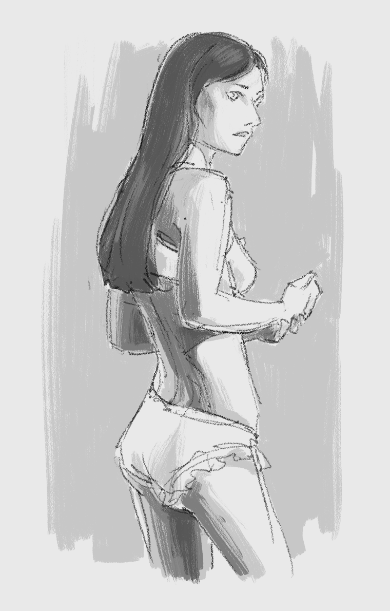 Sketch of a female figure in standing pose.