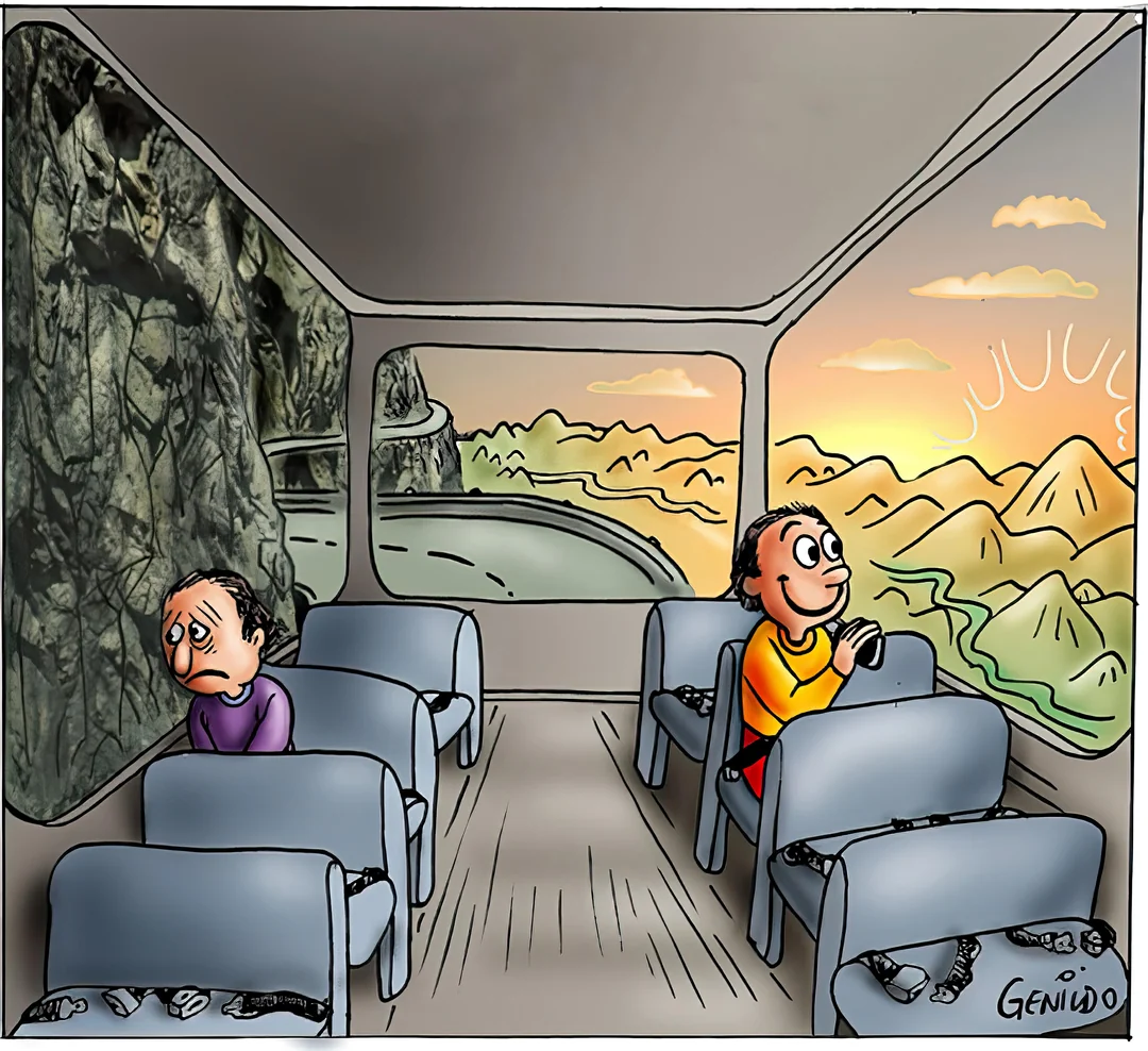 well known meme picture of two guys on a bus on a mountain road. huge windows. Looking to the back of the bus, we see a sad person on our left, who's looking at the sheer rock cliff to his right. We see a very happy person on our right, using his phone to take a picture of a sunset over a mountain range behind a river to his left (our right).

The artist's signature, "Genildo", is visible on the first bus seat at our bottom right.
