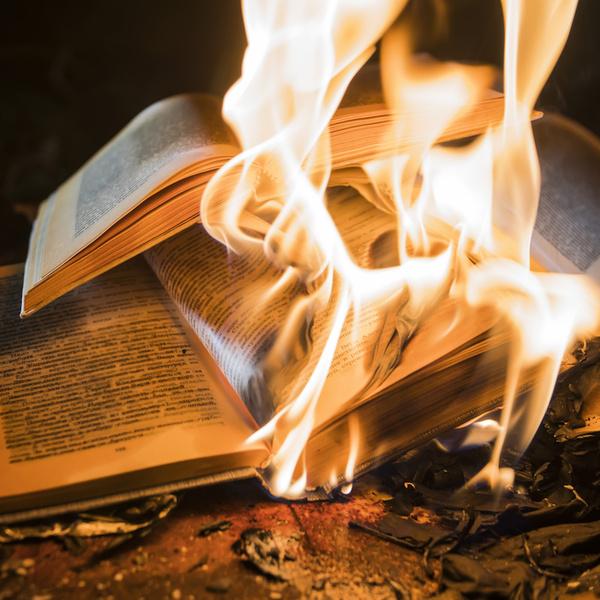 Image is not mine; found online.
Two open books, stacked on top of each other.
The books are burning, and bright flames are shooting out from their pages.