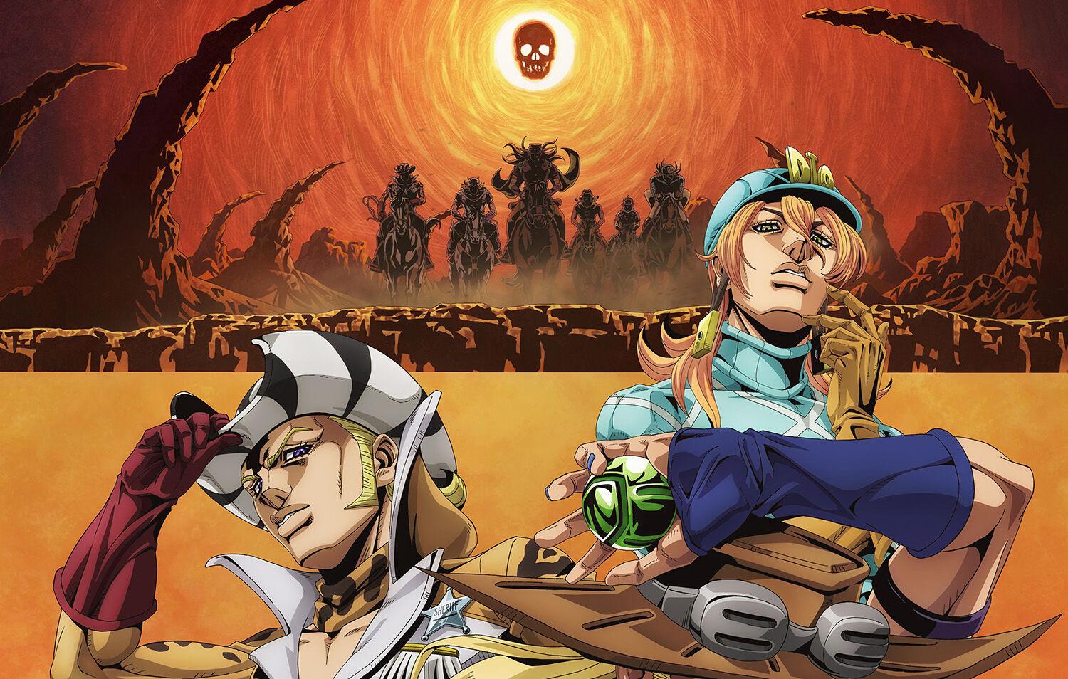 Key visual for Steel Ball Run: Jojo's Bizarre Adventure that depicts the main cast in front of a foreboding desert landscape, where shadowy horse riders rush toward them under a skull-faced sun.