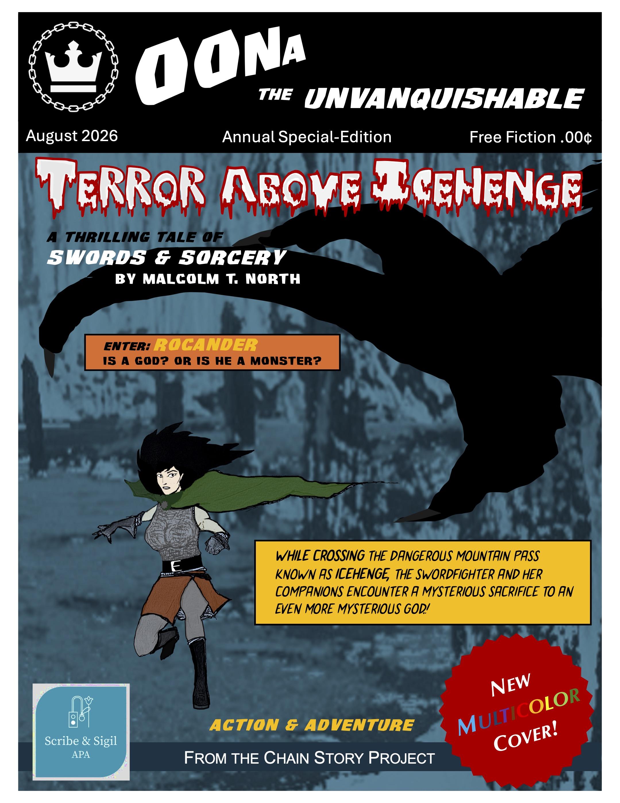 Color cover showing Oona, wearing a cape, standing below a giant talon. The Chain Story Project logo is in the upper left corner, the Scribe & SIgil APA logo is in the bottom left corner.