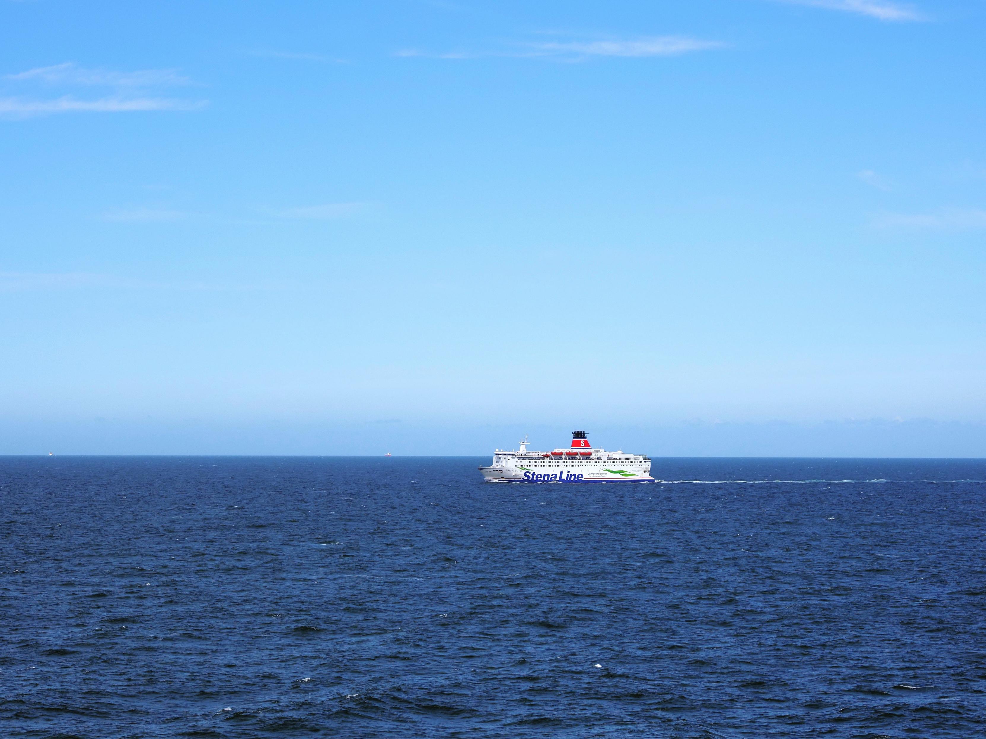 An oncoming Stena ferry, dark blue sea