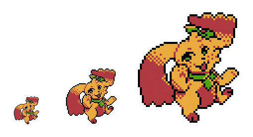 pixel art/sprite art of an anthro bunny character named pomme in the style of pokemon gold/silver/crystal art style. he appears to be hopping on one foot in a dancing fashion with his ears flopping wildly, a big smile on his face. there are three separate sprites of varying sizes to show viewers a closer look.

pomme is a small rabbit with light fur and long floppy ears. the ears have a red gradient on them with the red being the strongest at the tips of the ears. his belly, paw pads and the toes on his hind feet are the same red colour as the ears. he has a stem sprouting from the left side of his head with two bright green leaves protruding from the base of the stem. he dons a green scarf and has bright green eyes with freckles just underneath them.