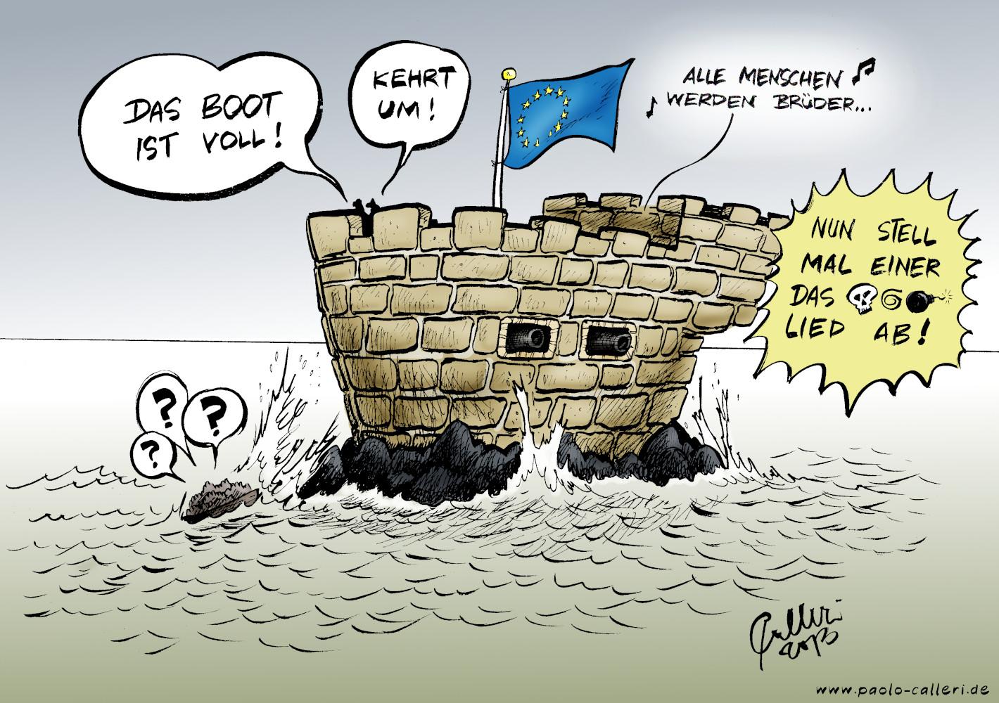 Karikatur "Nobelboot" aus dem Jahr 2013. Mitten im grünlichen Meer befindet sich auf einem felsen eine Festung. Sie hat ein wenig die Form eines Bootes. Durch das Gemäuer führen zwei Öffnungen, aus denen jeweils ein Kanonenrohr positioniert ist. Eine E U Flagge ist gehisst. Vor dem wellenumtosten Felsen befindet sich ein überfülltes  Boot. Sie scheinen nicht zu verstehen, was sich in der Festung abspielt. Eine Person in der Festung ruft zu den Bootinsassen: "Das Boot ist voll!" Eine andere Person befiehlt: "Kehrt um!" Irgendwo ertönt eine Melodie, begleitet vom Text "Alle Menschen werden Brüder..." Woraufhin eine Person wütend brüllt: Nun stell mal einer das Lied ab!