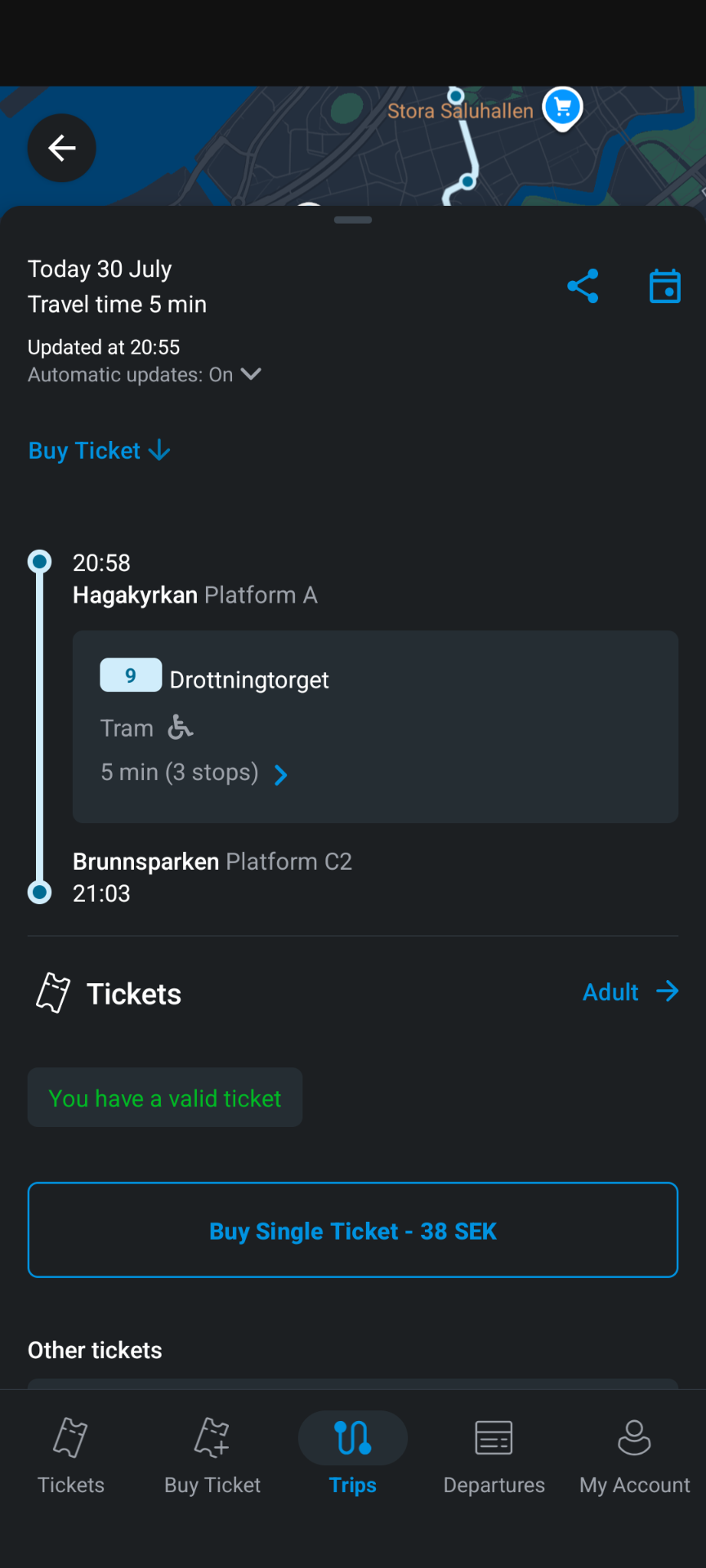 Screenshot of the app, connection at 20:58 from Hagakyrkan with tram 9 to Brunnsparken, a green box 'You have a valid ticket'