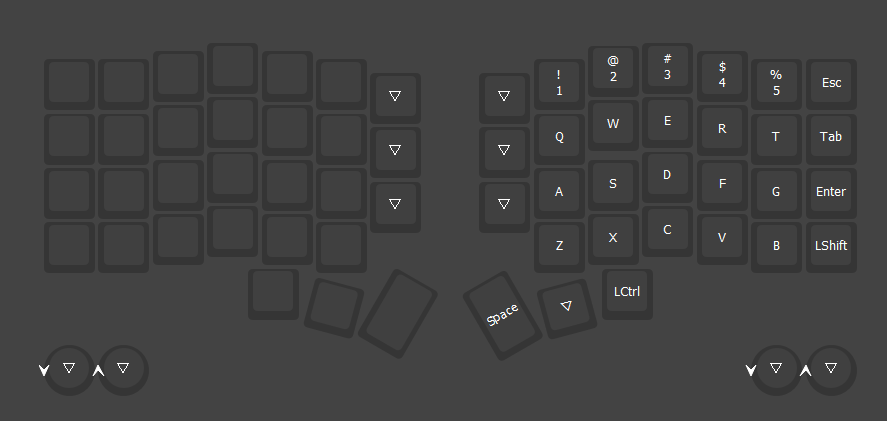 A key-mapping for a split keyboard. The left half is empty, and the right half is the standard left half of a QWERTY keyboard