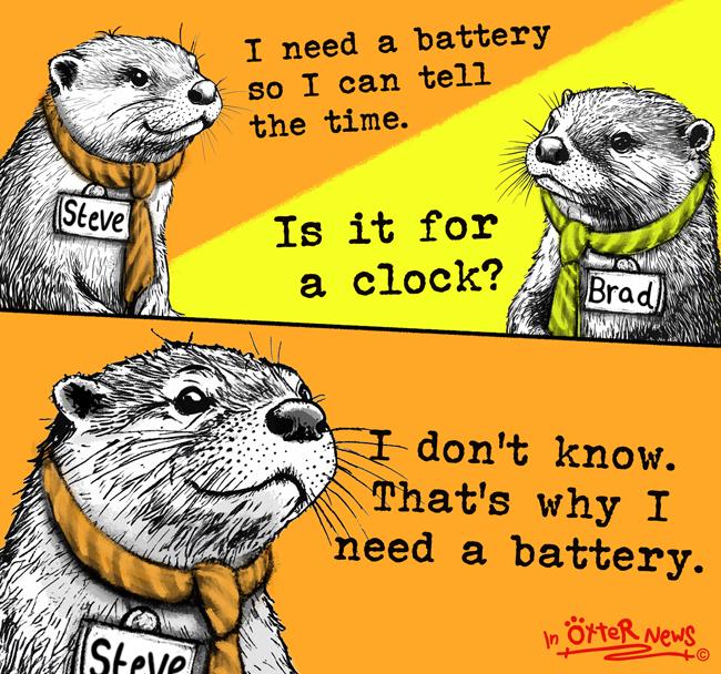 Steve the otter appears in a two-panel hand-drawn comic style with black-and-white line art set against a bright diagonal orange and yellow background.