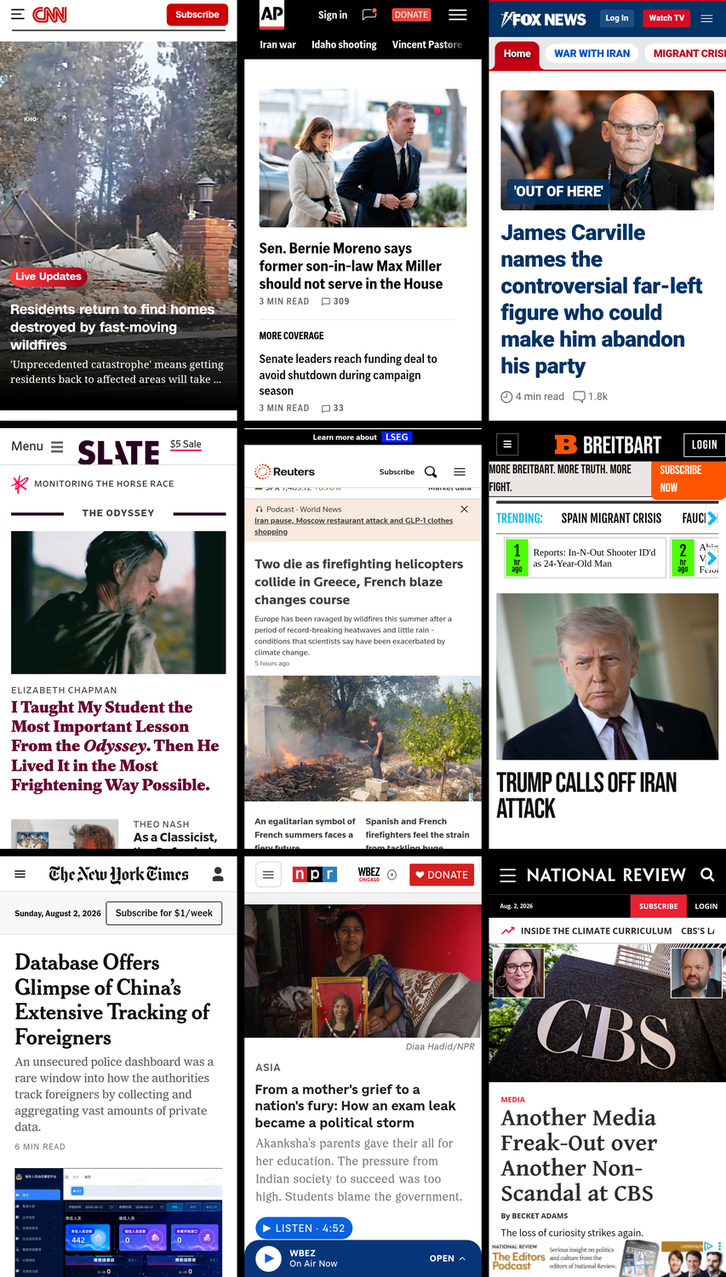 A 3x3 grid of the mobile front pages of CNN, AP News, Fox News, Slate, Reuters, Breitbart, New York Times, NPR, and National Review. The screenshots were taken on August 2nd, 2026, at about 7:32 PM ET.