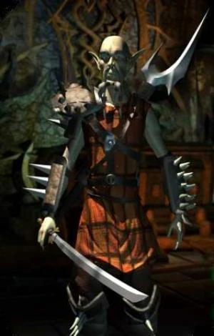Character portrait of Dak'kon from Planescape:Torment. His sword (a karach blade), is shaped by his mind.