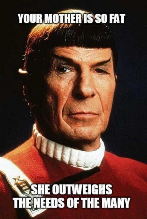 Photo of Spock. title text reads "your mother is so fat she outweighs the needs of the many"