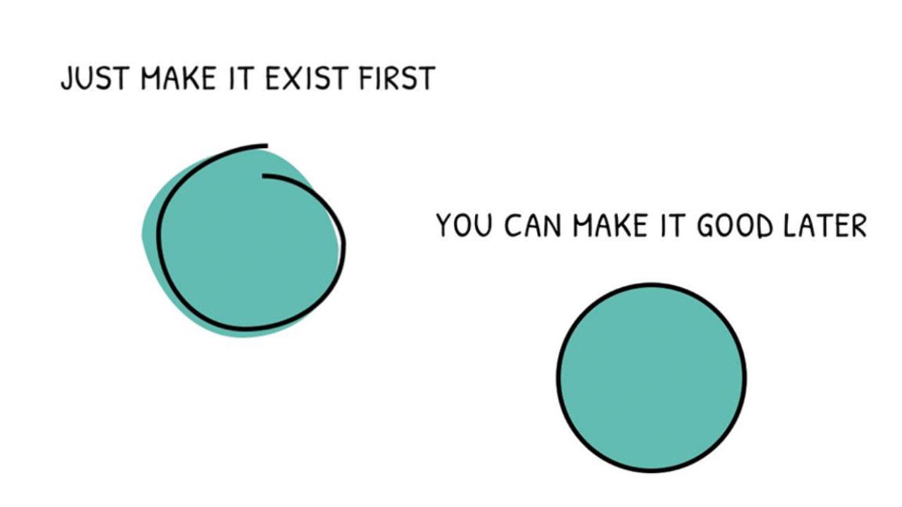 Meme of "Just make it exist first" with two circles, one on left is imperfect. A perfect filled in circle is on the right with the phrase "You can make it good later"