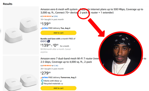 Screenshot of Amazon search results for Amazon eero 6 Wi-Fi routers. "2-pack" in the first listing is circled, with an arrow pointing to a portrait of Tupac Shakur.
