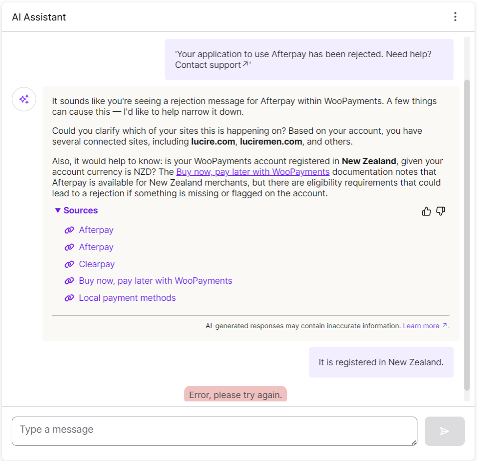 WordPress's AI assistant craps out with 'Error, please try again.' at the bottom of the page.