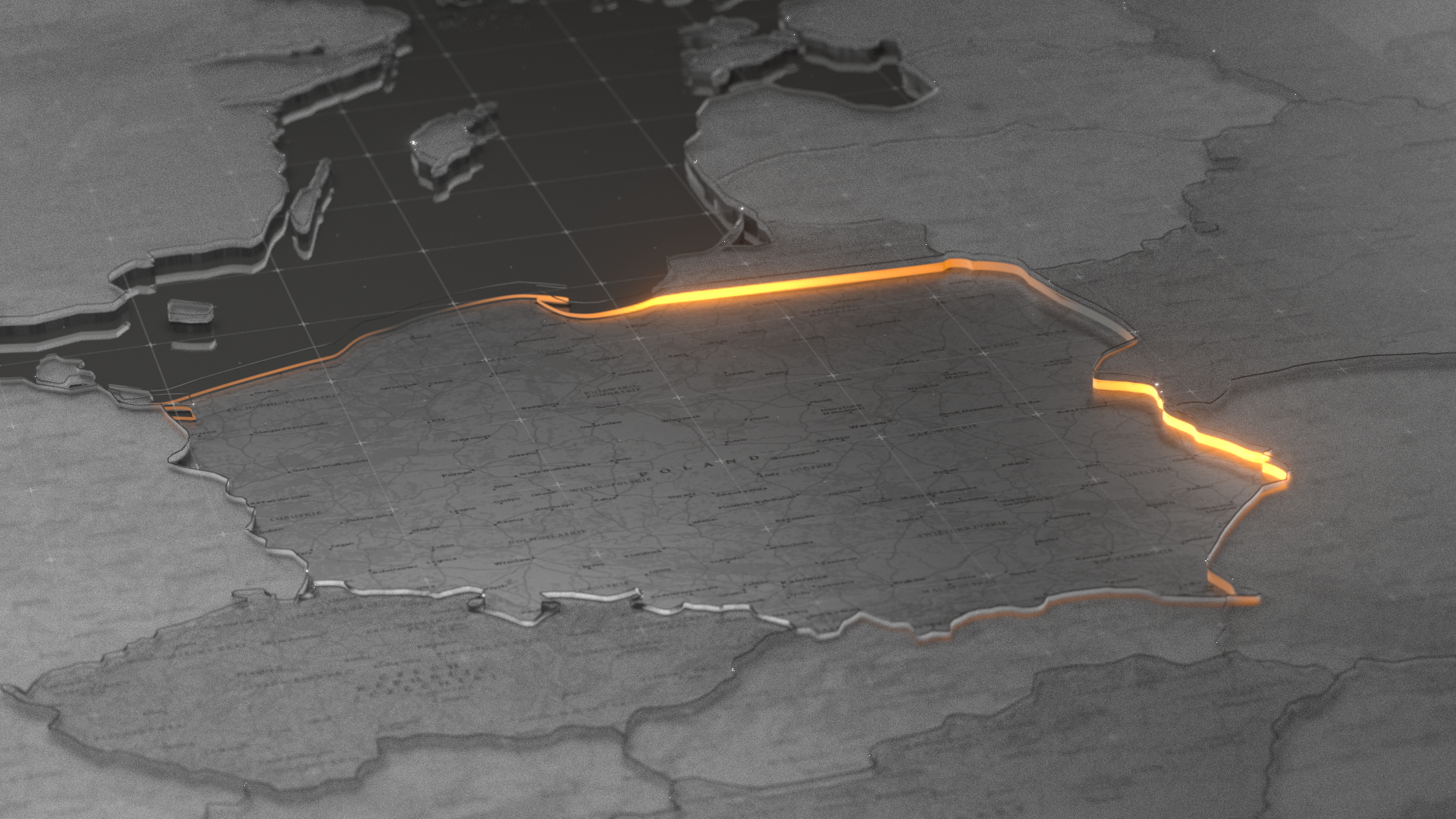 Render inspirowany obrazkiem z internetowej wystawy muzealnej dotyczącej białego wywiadu. Przedstawia Polskę na mapie Europy. Całość jest ciemna, ale granice Polski ze strony wschodu swiecą na pomarańczowo.