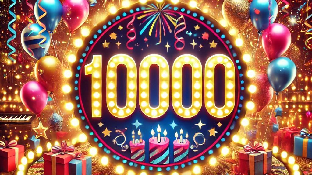 Goldene Lichter und leuchtende Dekorationen dominieren das Bild. Ein großer, runder Rahmen mit leuchtendem Rand hebt die Zahl 10.000 hervor, die von festlichen Symbolen wie Luftschlangen, Sternen und Kerzen umgeben ist. Unten befinden sich Geschenkboxen mit Schleifen, während im Hintergrund bunte Ballons und Glitzerlichter eine feierliche Atmosphäre schaffen. (KI-Grafik)