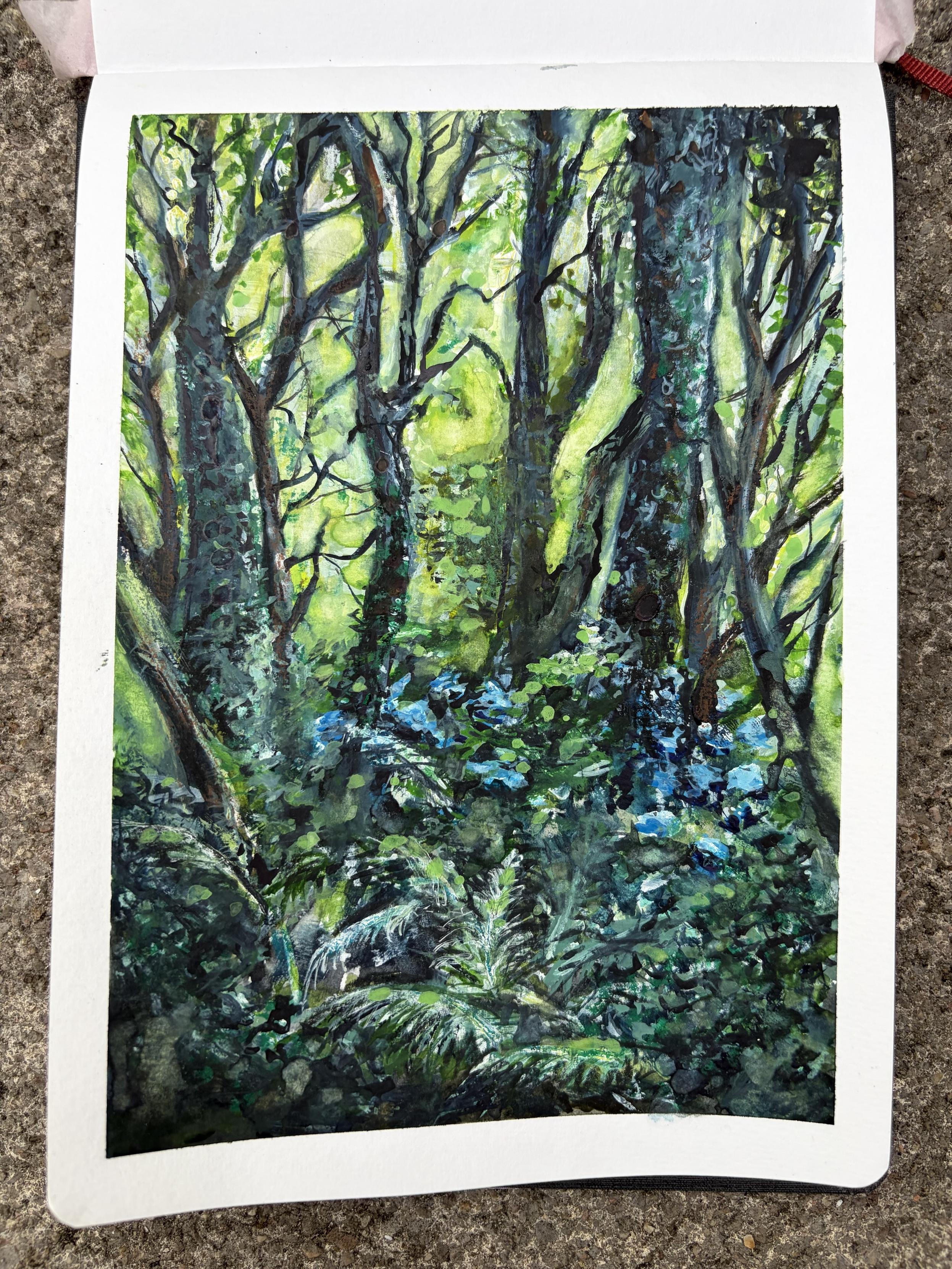 A watercolor painting of a lush, green forest scene, featuring tall trees and dense foliage, with various shades of green and hints of blue throughout the composition.