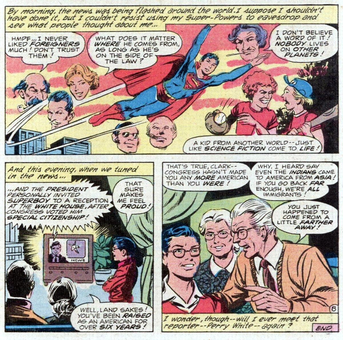 Superboy learns what the world thinks of him after revealing his Kryptonian origins; afterwards, Congress makes him an honorary citizen of the United States. Art by Romeo Tanghal.