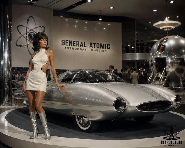 An elegant model in 60s attire  stands next to a futuristic looking car. On the wall in the background is a sign that reads: 

General Atomic

Astrocraft Division