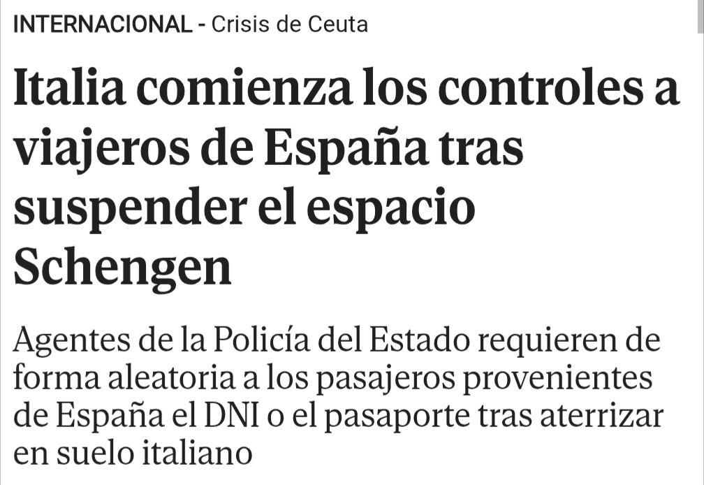 Titular de El Mundo: "Italia comienza los controles a viajeros de España tras suspender el espacio Schengen".