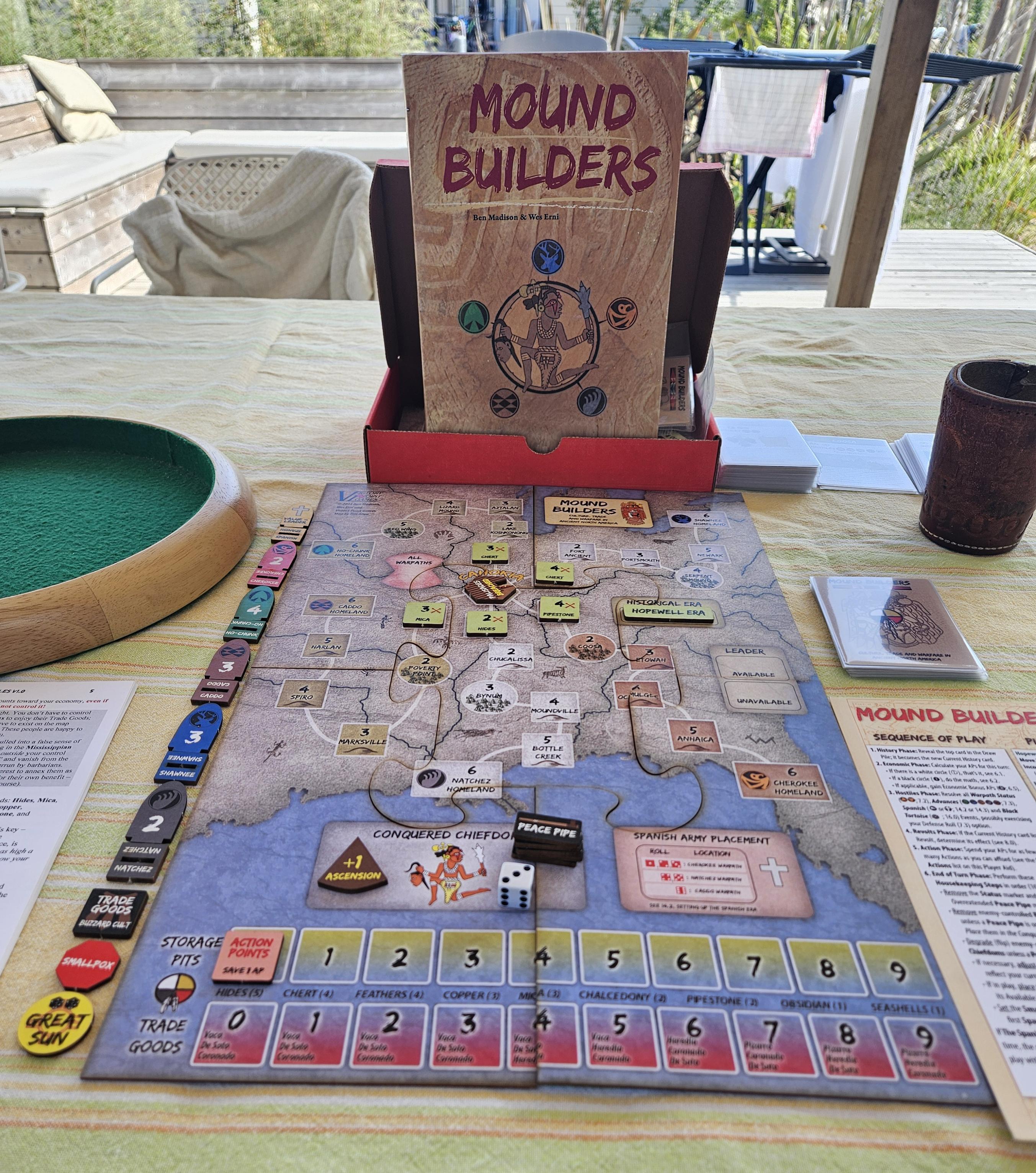 Das Foto zeigt das aufgebaute Spielbrett von Mound Builders zu Beginn der ersten Runde.