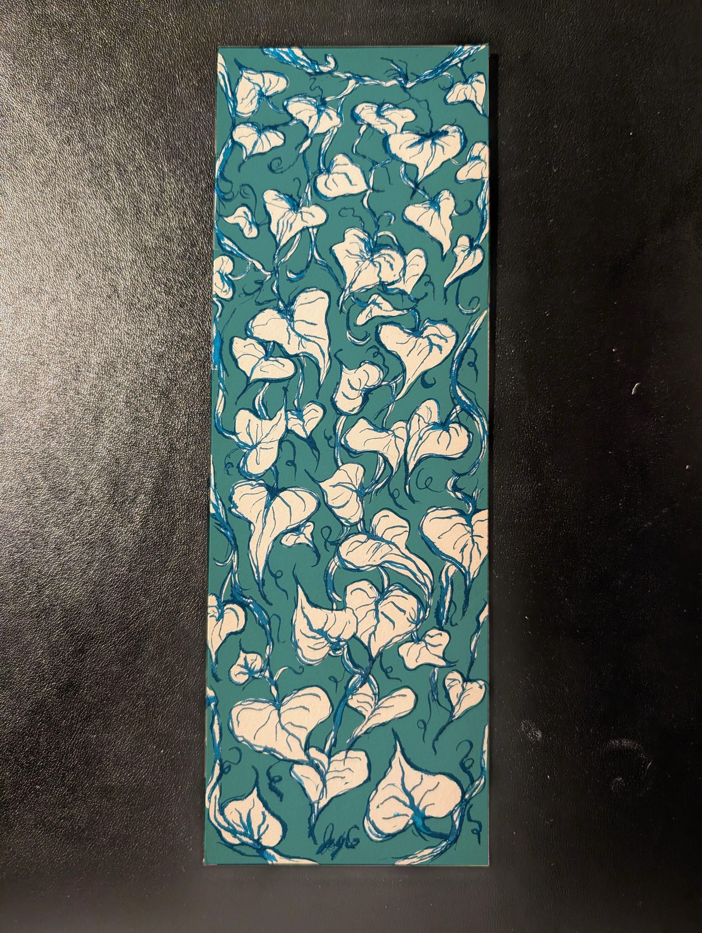 Long rectangular sketch of ivy with blue fountain pen ink, with the background a teal blue.