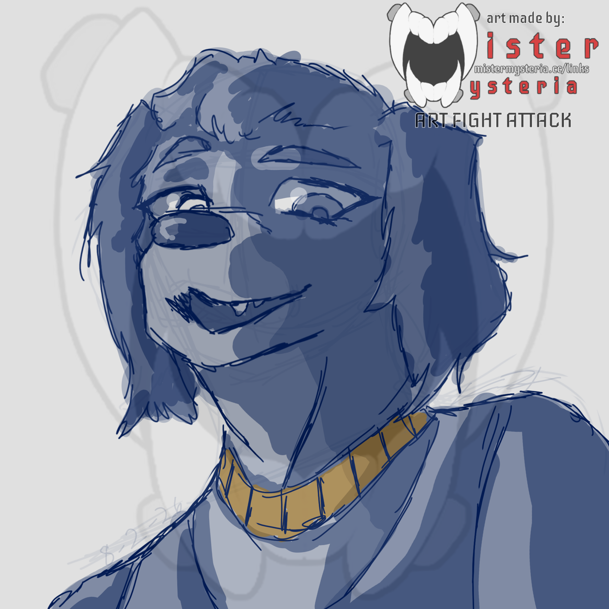 A mostly blue sketch of a smiling, dog-inspired fursona for the original character Antonia by Vanuli. Antonia is wearing a yellow necklace.
