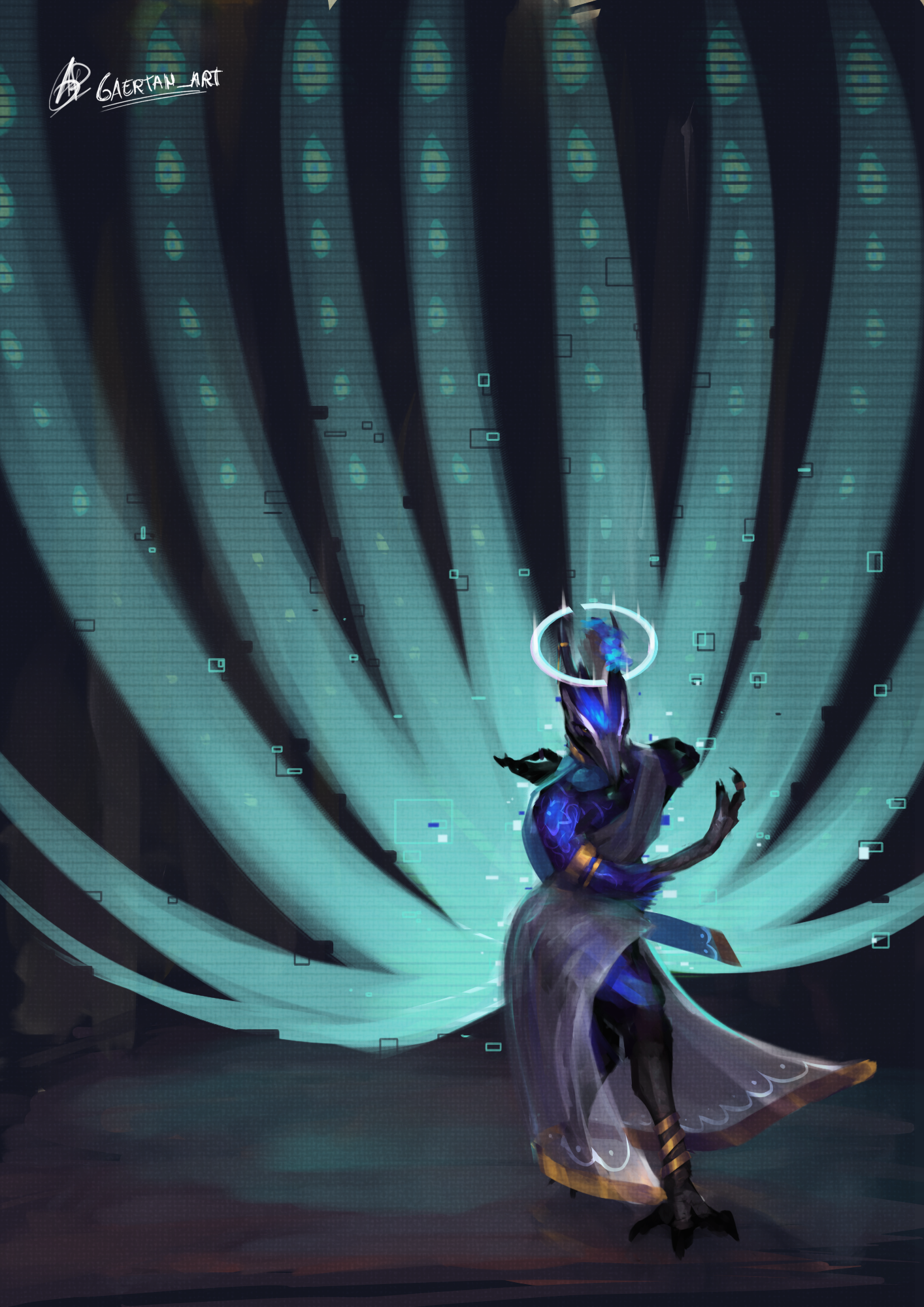 digital illustration depicting an anthropomorphic peacock( a blue bird with a fan shaped green tail with patterns that resemble beautiful eyes) , doing a curtain call bow towards the camera. To their back, a fan of holographic wings descend as if it was the curtain from the scenery, while the bow is happening. The character appears wearing a white dress and several gilded pieces of jewelry, and the head is adorned by a pair of horns and a broken halo.