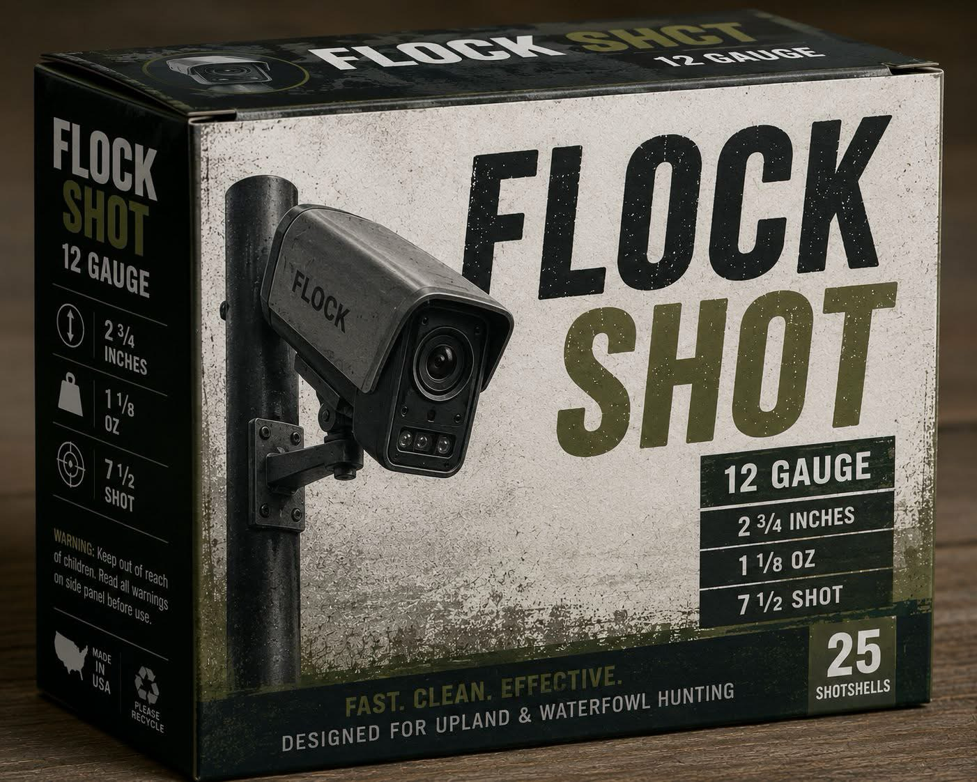 Box of shotgun shells labeled “Flock Shot”