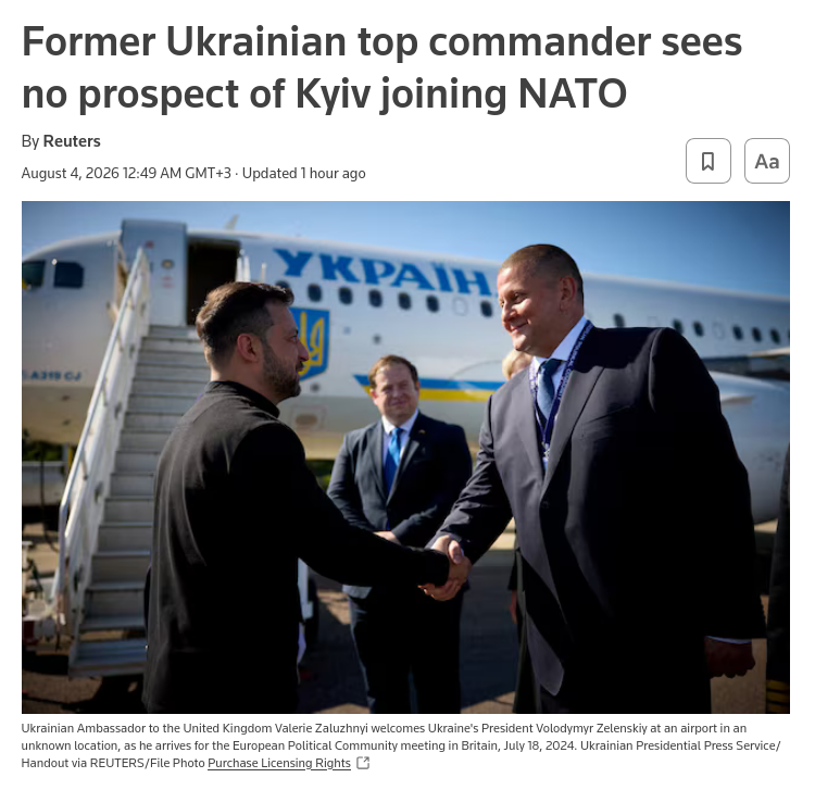 Former Ukrainian military commander Valery Zaluzhnyi stated that Ukraine has no immediate prospect of joining NATO, as the country does not yet meet required military standards for technology and defense capabilities. #Russia #NATO