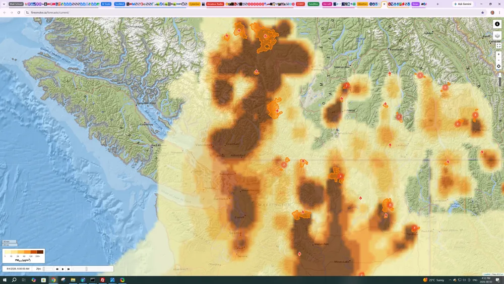forecast map showing heavy wildfire smoke for Vancouver and south BC tomorrow