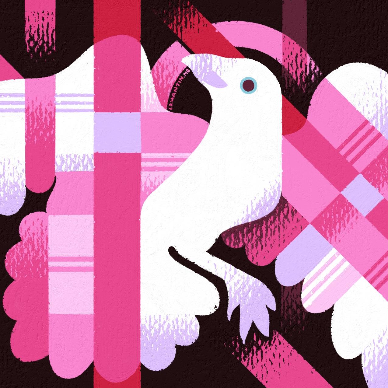 This artwork presents a blue eyed white crow in flight. On top of the crow, many red, pink and light purple lines can be seen; with the lines themselves being decorated further with abstract patterns and gradients.

Behind the white crow, an empty pink circle can be seen around its head, together with an overlapping red line. The background of the whole piece is a very dark red.