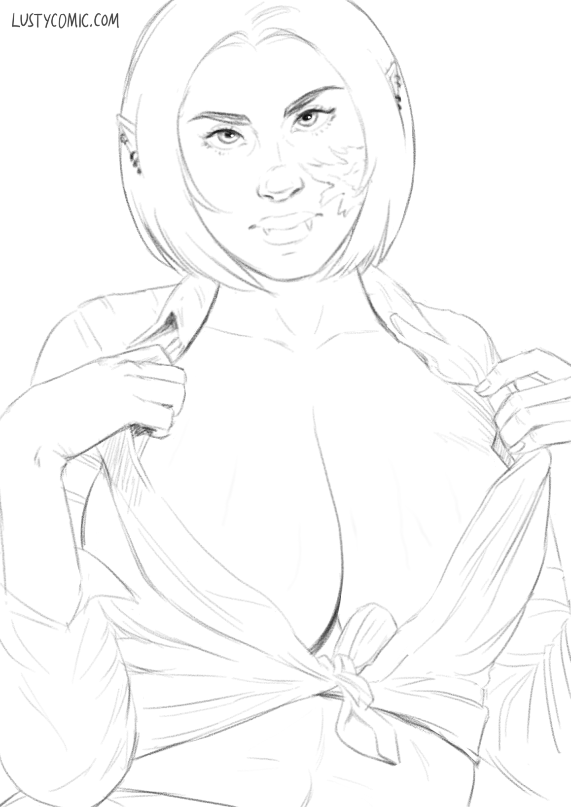 The sexy vampire Zinshidar pulls open her white office shirt, which is tied in a knot at the front. She has huge boobs, one broken fang, and a burn scar on her cheek shaped like fire.