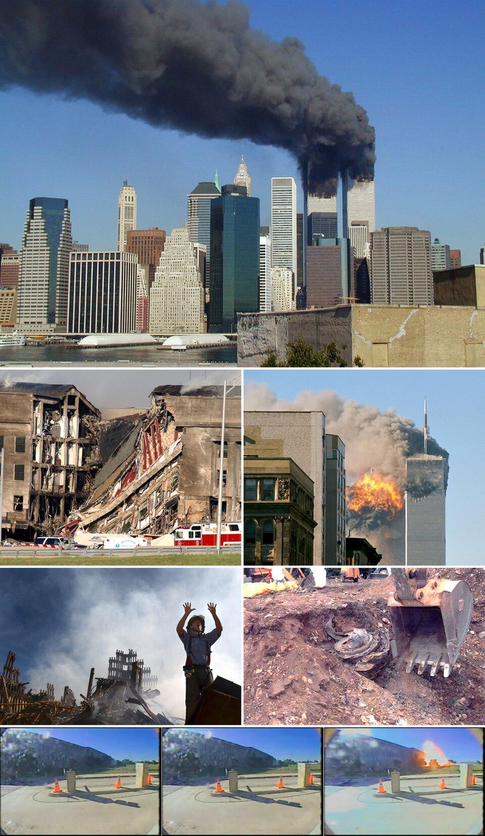 Door UpstateNYer - Eigen werk; derivative work of the following:WTC smoking on 9-11.jpegby Michael Foran on FlickrDN-SD-03-11451.JPEGby the United States NavyUA Flight 175 hits WTC south tower 9-11 edit.jpegby TheMachineStops on FlickrWTC-Fireman requests 10 more colleagues.jpgby the US GovernmentFlight93Engine.jpgby the US GovernmentVideo2 flight77 pentagon.pngby the United States Department of Defense, CC BY-SA 3.0, https://commons.wikimedia.org/w/index.php?curid=12722547
