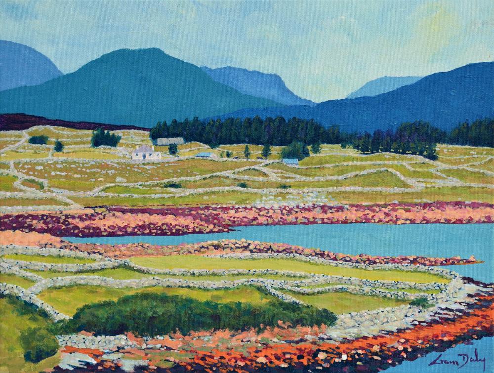 Landscape format in acrylics on canvas. Coastal scene with a bay of pale blue coming in from the right in the foreground to a stony shoreline of orange and dark magenta, almost black, seaweed and grey rocks. Further back, running across the centre line the rocks and seaweed are a paler magenta and peach, and the water a paler blue with a hint of teal. The land behind the rocky shoreline is a patchwork of lime green and olive green very small rough fields enclosed by dozens of undulating grey dry stone walls. Some bushes are in foreground behind a broken wall by the shore at the bottom of the picture. Further back about two-thirds of the way up the painting, just left of centre, is a small single story cottage of cream, with a grey roof, almost blending into the walls and fields around it. Some dark trees are dotted around in the far fields before the horizon where there are clumps of very dark blue-green pine trees contrasting with the pale field. Behind them is a wine narrow slope on the left, a large dark blue mountain sloping up to the right edge, a large paler turquoise pyramidal mountain behind it left of centre, and other steep mountains behind, receding in paler shades of blue. Sky is watery smokey white and pale blue of a sunny day with light indistinct clouds and very light touches of yellow and even green towards the left. Signed bottom right in magenta on the blue water, Liam Daly