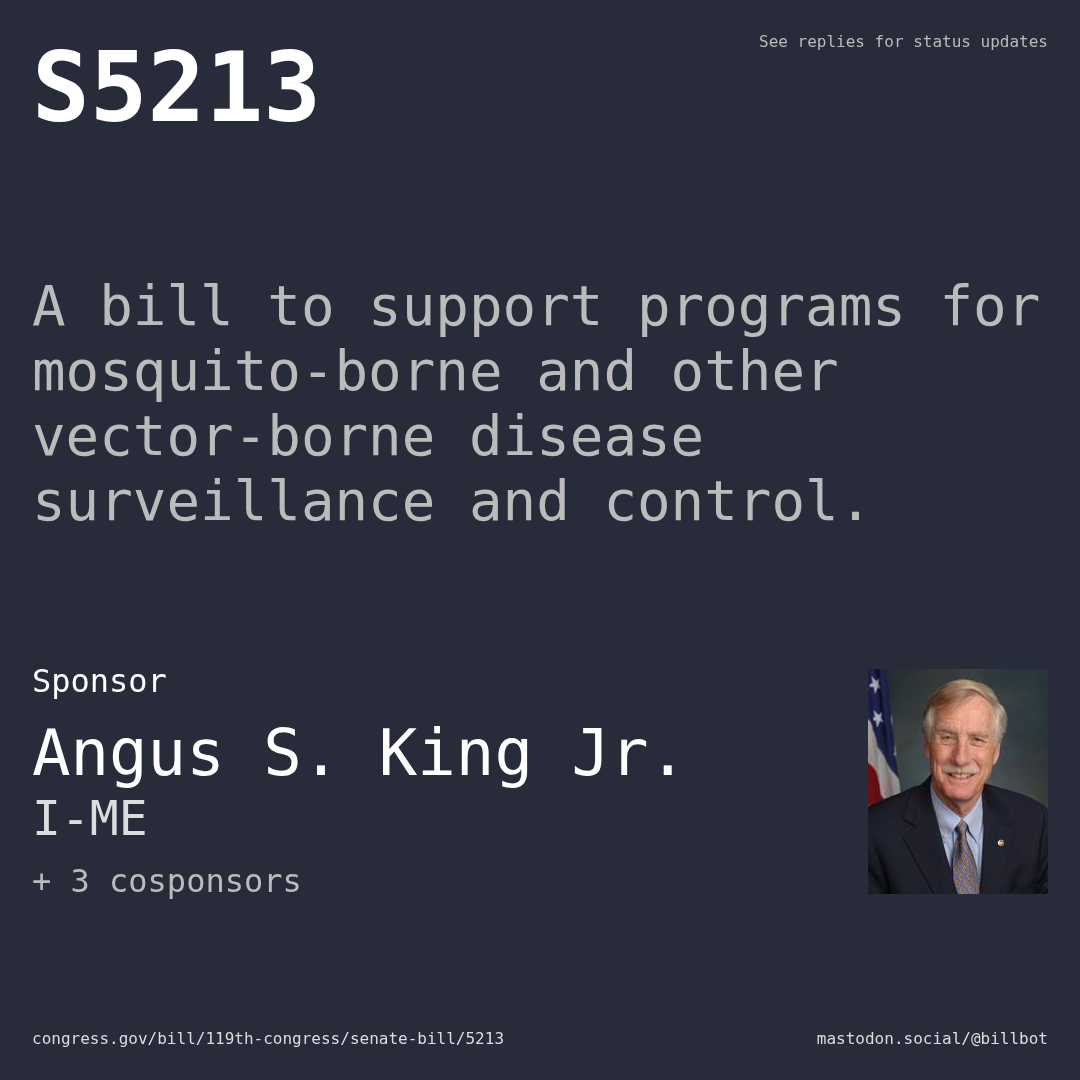 Description of S5213, and a depiction of its sponsor, Angus S. King Jr..
