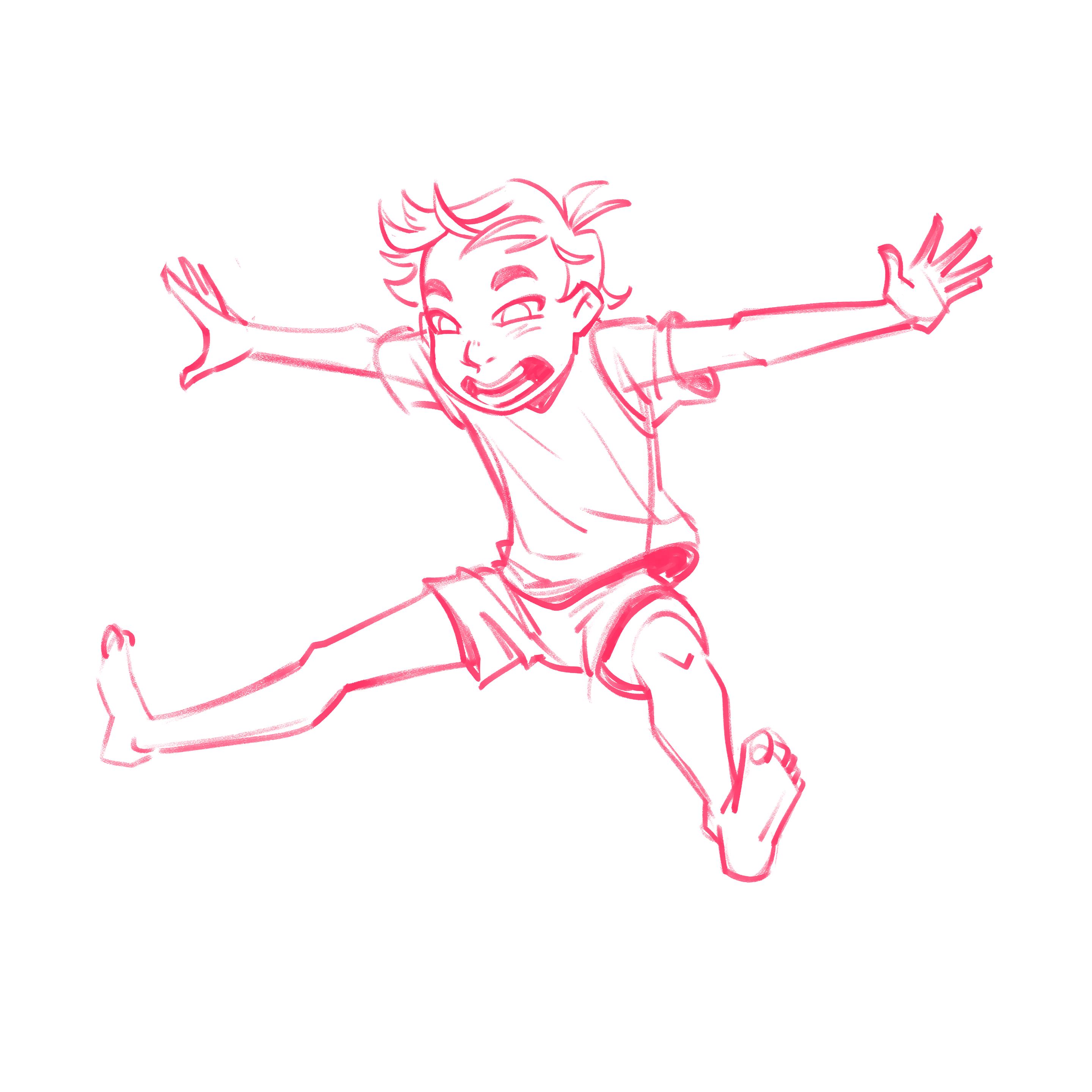 A sketch of a young boy jumping happily