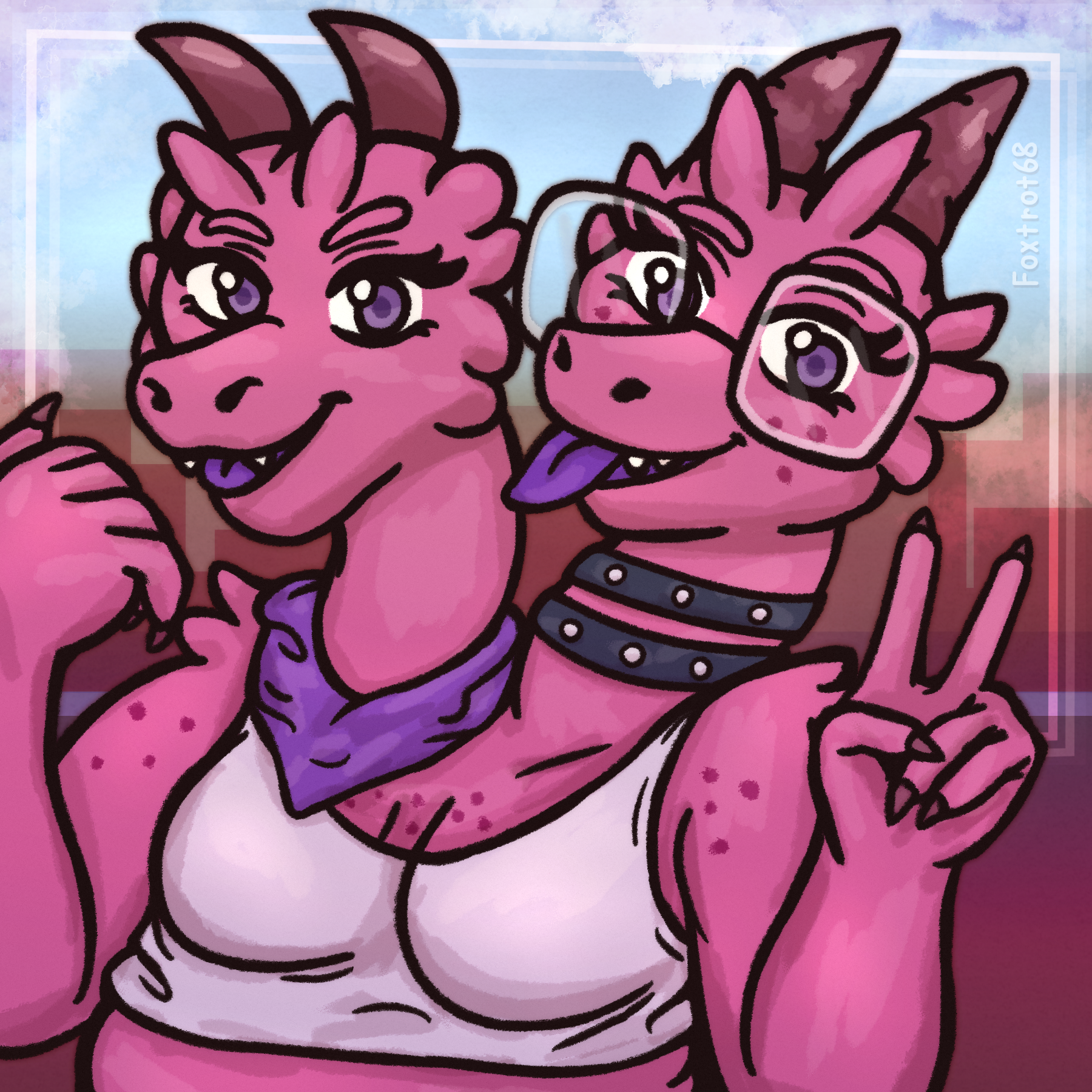 A cleaned up and shaded sketch of Winona and Queenie, conjoined pink dragons! They're posing as if for a picture, both smiling with their tongues out to different degrees, Winona slightly with two fangs showing and Queenie with tongue out and some teeth showing. She's making a peace sign with her hand and Winona is posing with hers semi closed facing her body. She's wearing a purple bandana around her neck and Queenie has two non spiked collars along with square glasses, they're both wearing a white crop top. The background has some semi transparent boxes framing the pair and an abstract cityscape behind them, a wall at the bottom and rows of buildings above. there's some clouds in the sky. our watermark is on the top right corner of the boxes semi transparent.