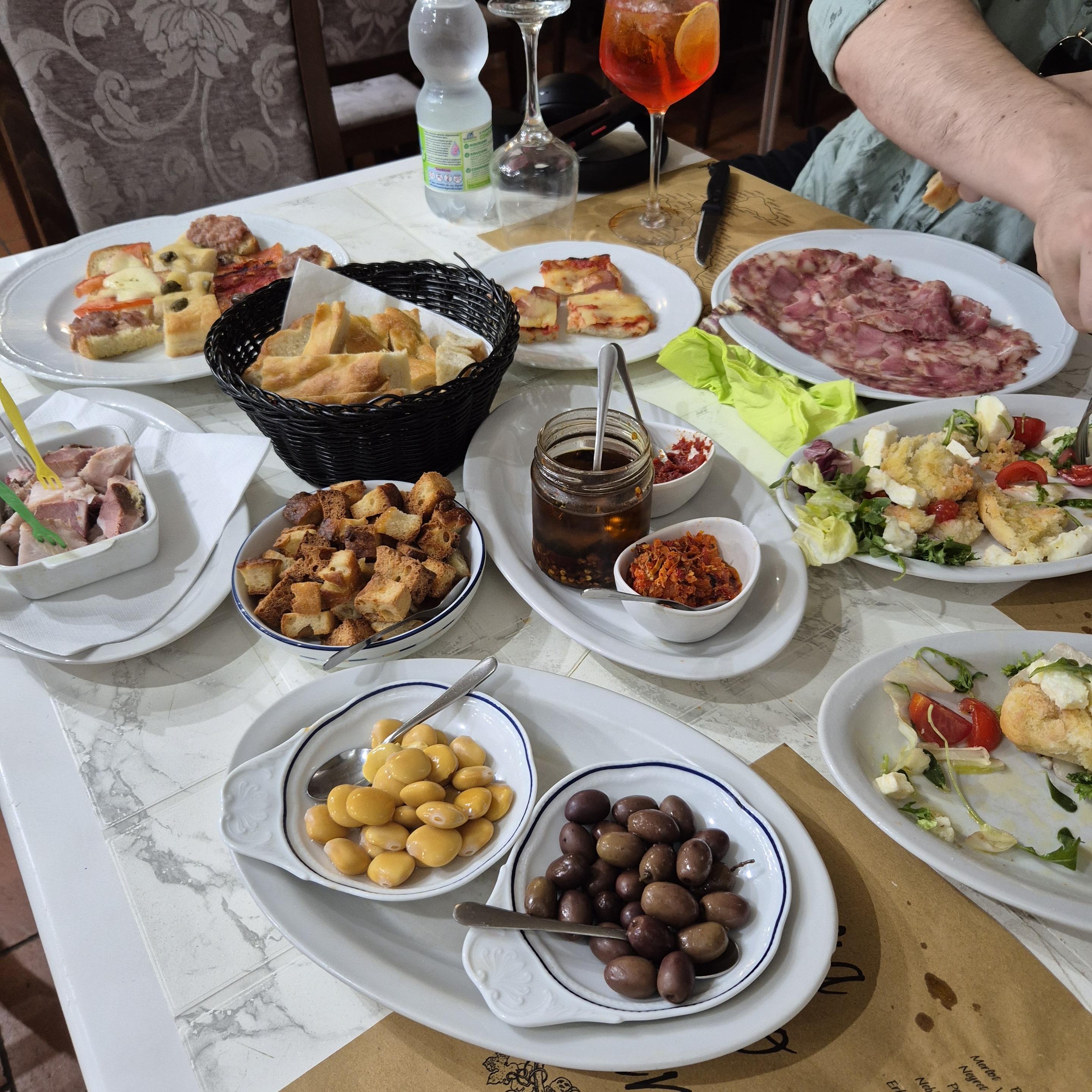 A spread with many different italian starters.