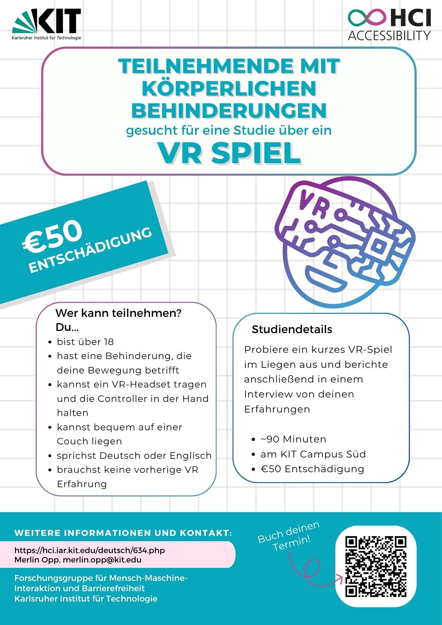 A picture of a flyer for a study researching VR while lying down for people with limited mobility