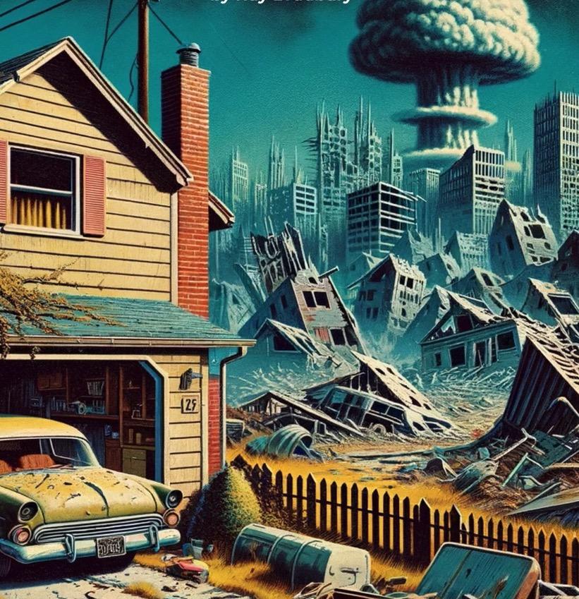 Ruined city with a nuclear blast in the background, an illustration for the short story.